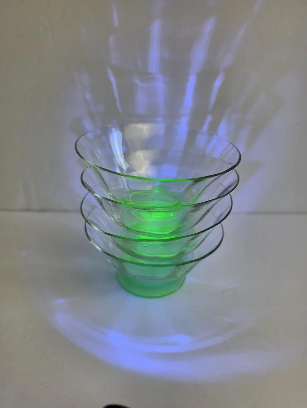 Uranium Depression Glass Green Sherbet Ice Cream Bowls Glass Glows - Lot of 4